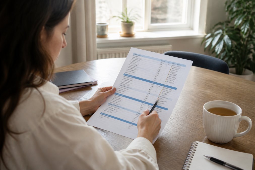 Person reviewing a printed health test report at a desk with a cup of tea, pointing to specific sections with a pen, natural window lighting in background