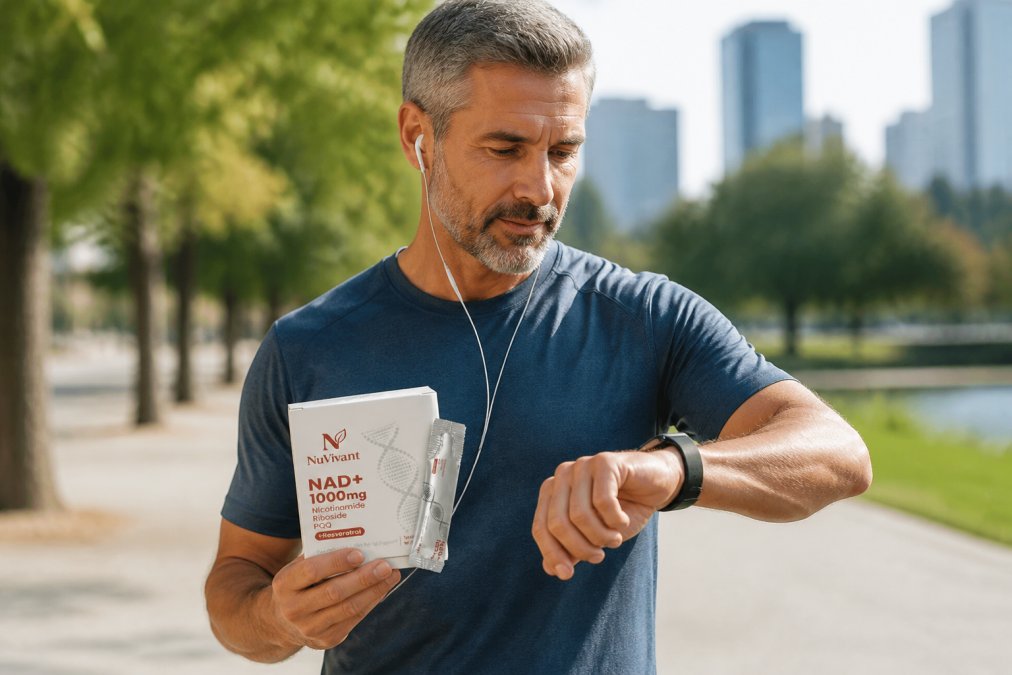 Active middle-aged person in athletic wear checking their smartwatch during outdoor exercise, showing energy and vitality in natural daylight