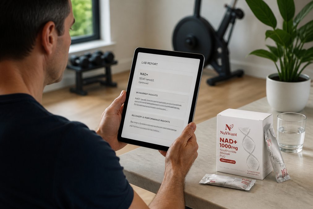 Person reviewing health data on a tablet at home with lab test results visible on screen, suggesting personalised health insights in natural home lighting