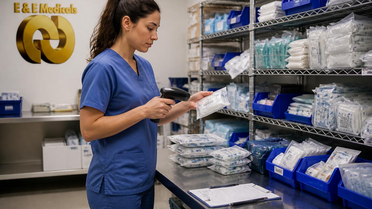 Healthcare worker scanning medical supplies with barcode scanner in a well-organized hospital storage room, with shelves of supplies and inventory labels visible