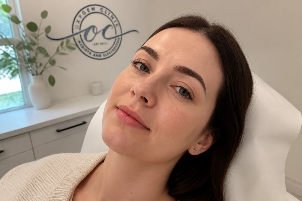 Close-up of a client's healed eyebrows with natural-looking hair-like strokes, soft window light, clean clinical setting