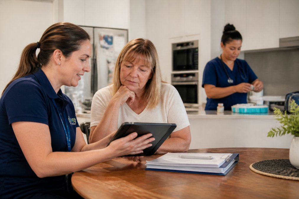 A support coordinator and a family member sitting together at a table, reviewing an NDIS support plan on a tablet, with a registered nurse in the background preparing medication in a home setting