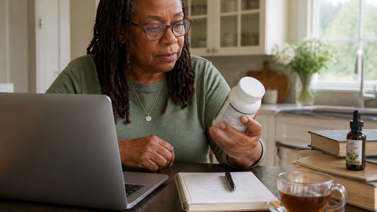 A person at a kitchen table with a laptop open to a clinical trial abstract, a supplement bottle turned to its label, and a notebook with handwritten questions, natural window light