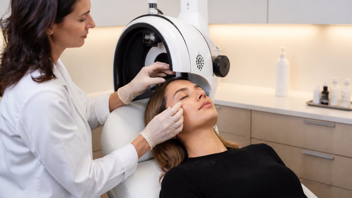 Professional dermatologist performing multispectral facial imaging analysis on patient in modern clinical treatment room with soft professional lighting and advanced skin analysis equipment