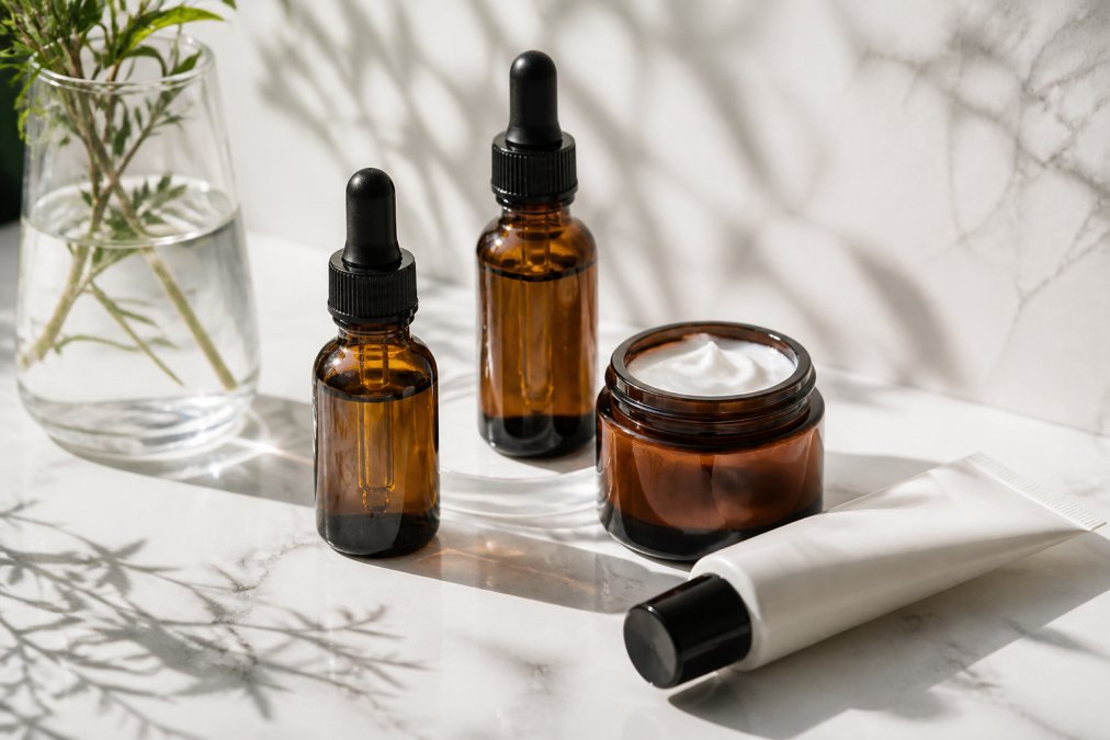 Close-up of an organized skincare flat lay on a clean white surface: amber glass serum bottles, a moisturizer jar, and an SPF tube arranged neatly with soft natural light
