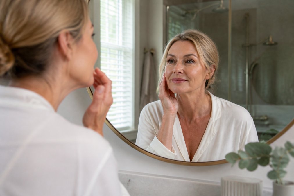 A woman in her early 50s looking confidently into a mirror in a softly lit bathroom, calm and self-assured expression, natural makeup, warm ambient light