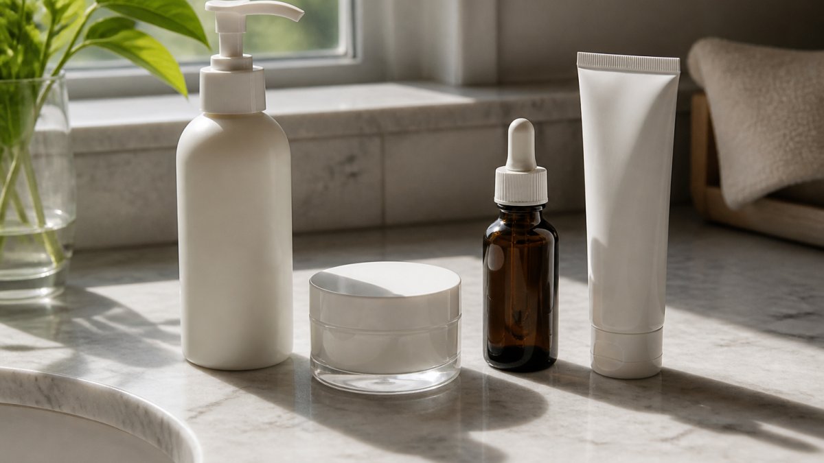 A collection of clinical skincare ingredients including cleanser, moisturizer, serum, and sunscreen on a counter.