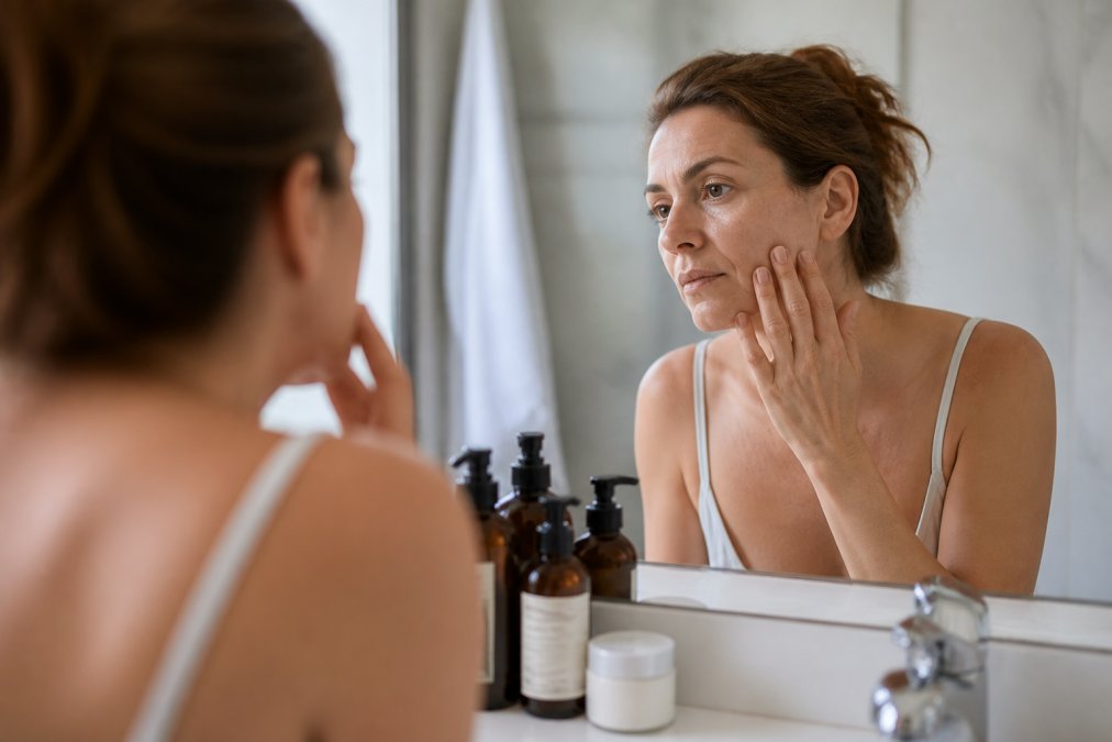 A woman in her 40s examining her skin in a bathroom mirror with soft natural light, skincare products arranged on the counter nearby