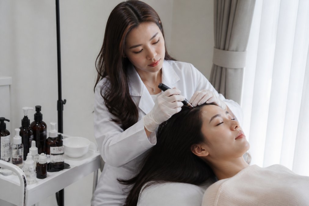 Professional demonstrating clinical trichology for hair regeneration technique in modern clinical setting with natural lighting