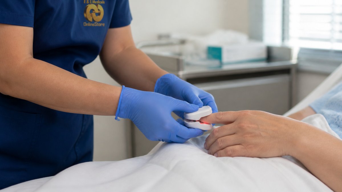 Healthcare professional placing a clinical-grade pulse oximeter on a patient's finger in a hospital setting, showing the red sensor light activating on the fingertip