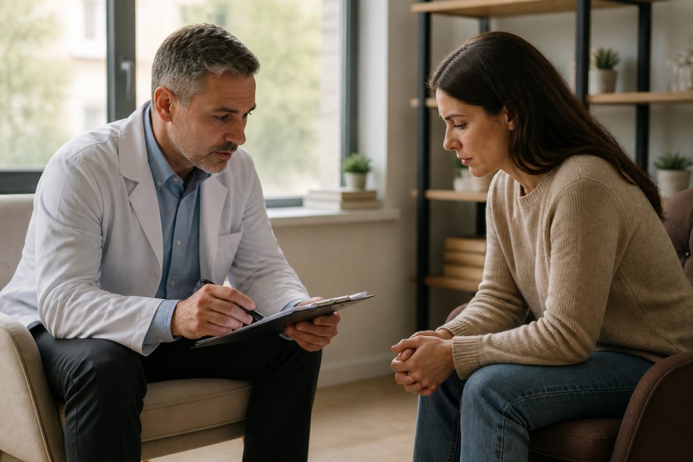 A doctor and patient in a calm, modern office reviewing notes together, warm natural light, professional and supportive atmosphere