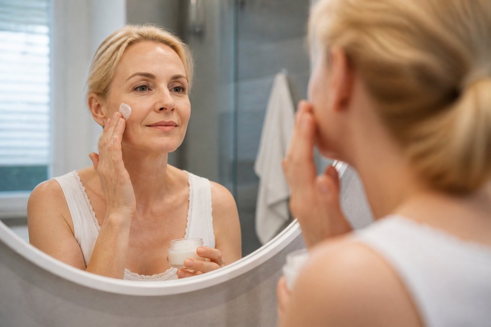 Woman applying clinically validated skincare cream to her face in a softly lit, modern bathroom mirror.