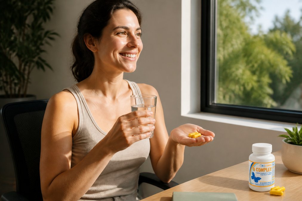 Person holding a glass of water with supplement capsules in their hand, appearing energized and alert in bright morning sunlight from a window, seated at a clean desk