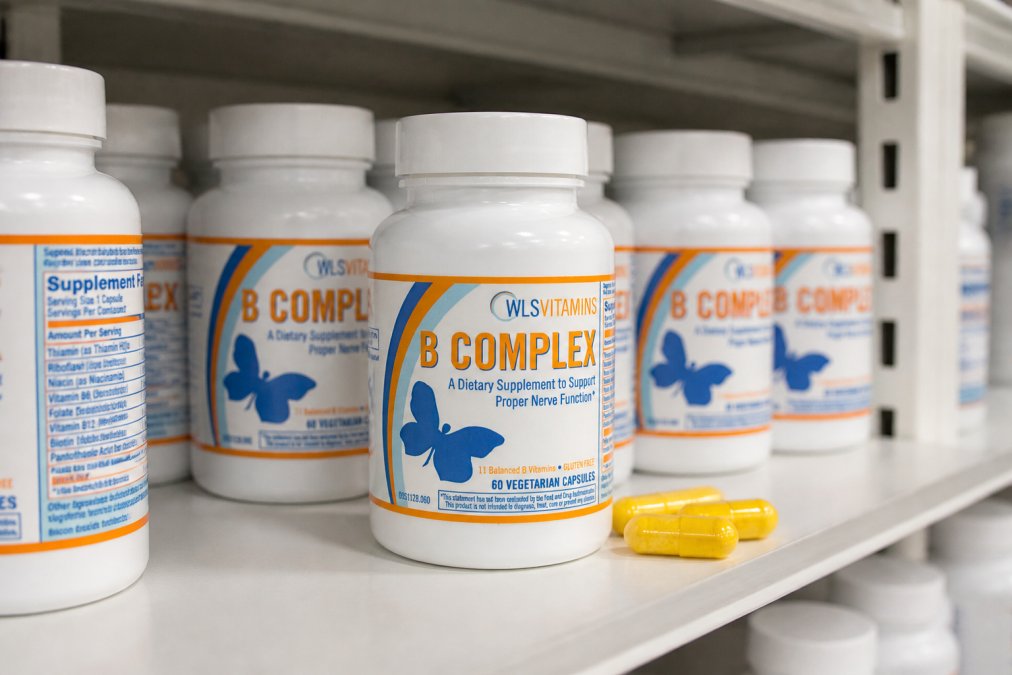 Close-up of supplement bottles on a shelf with clear labels showing detailed ingredient lists and clinical formulation credentials, professional pharmacy setting with organized storage