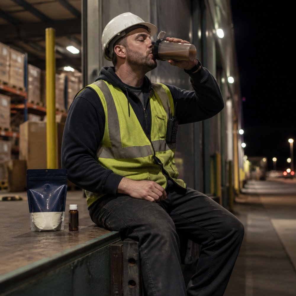 Warehouse worker taking a break with energy supplements during a night shift while comparing clockoutdrink vs vital4u