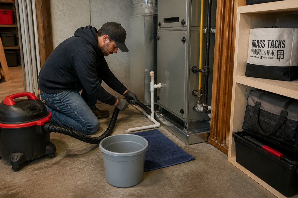 Homeowner using a wet/dry vacuum to clear a clogged a/c drain line on an indoor air handler unit in a basement.