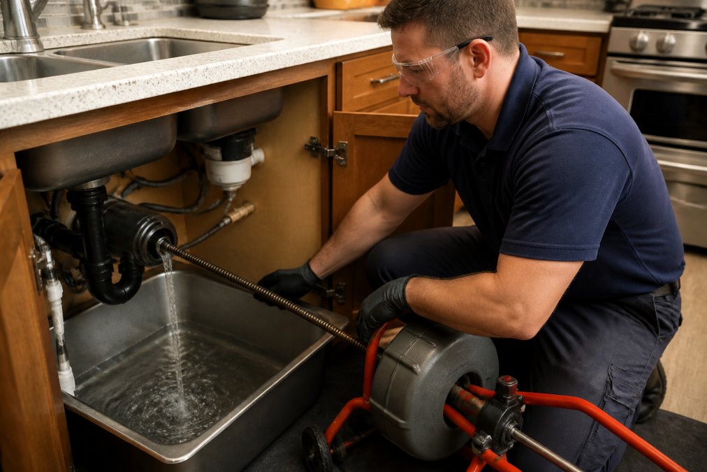 Professional plumber using a motorized drain snake to clear a kitchen sink blockage, with water flowing into a stainless steel basin under bright overhead lighting
