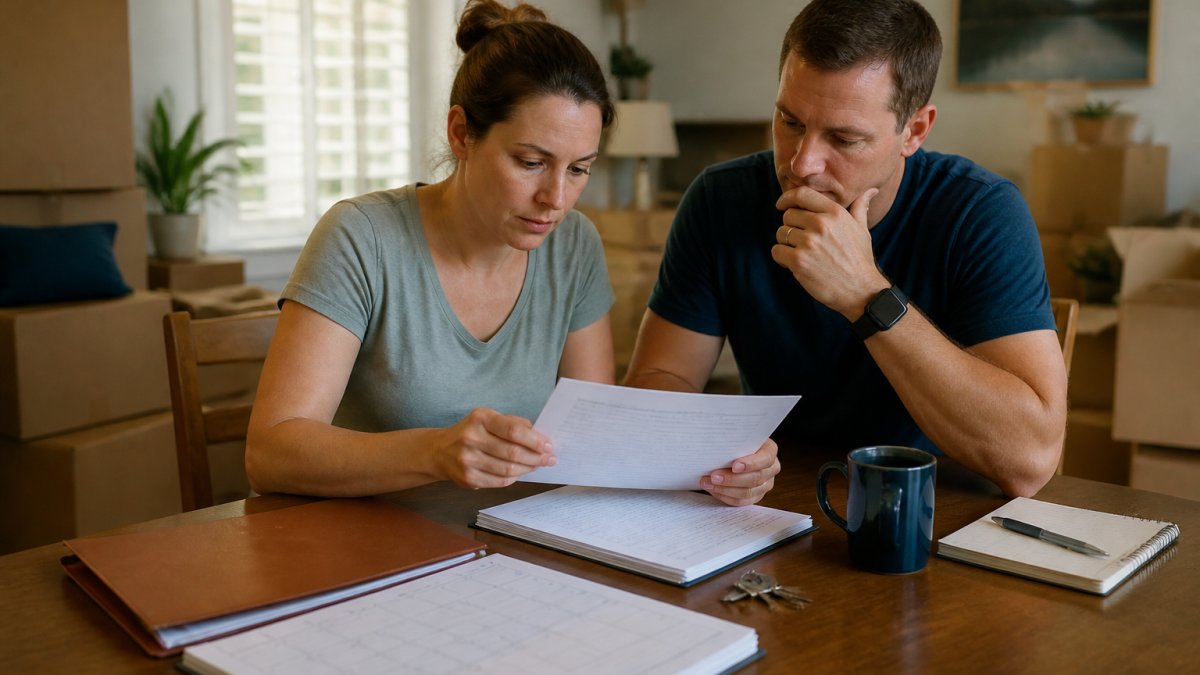 Military family reviewing documents to close on house 60 days before their upcoming PCS move.