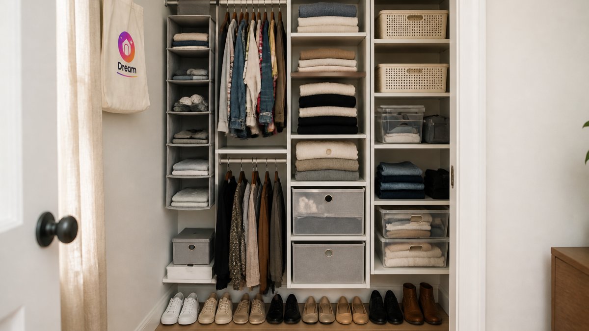 Infographic illustrating vertical storage methods for small closets using shelves, hanging organizers, and clear bins.