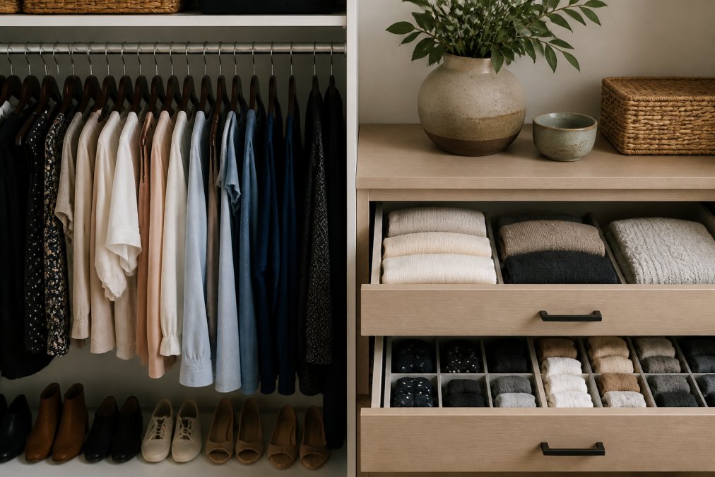 A neatly organized closet with hanging blouses, dresses, and jackets on one side, and an adjacent dresser with open drawers showing neatly folded sweaters and organized socks in compartments, demonstrating the contrast between hanging and folded storage
