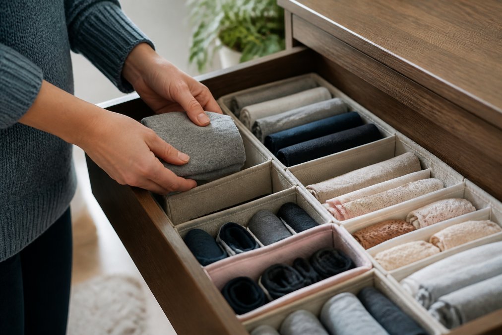 Close-up of hands demonstrating the vertical folding technique, placing a neatly folded garment into a drawer organizer with fabric compartments, showing rows of organized socks, underwear, and small items with clear visibility in each section