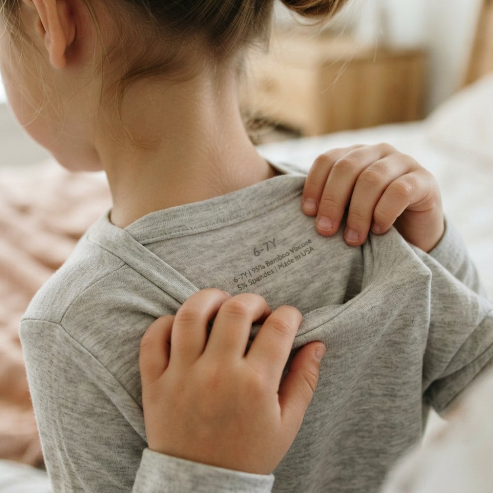 Close-up of a child's hands touching soft bamboo fabric of tagless pajamas, showing the smooth texture and tagless label area against skin