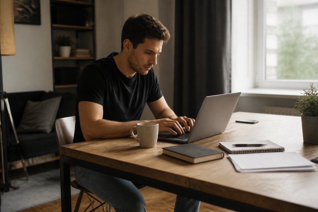 Young entrepreneur wearing simple clothing for entrepreneurs building from nothing, working on a laptop at a desk.