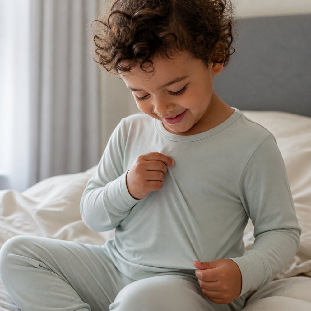 A close-up of a smiling child in soft, light-colored bamboo pajamas, gently touching the smooth fabric with a calm and comfortable expression