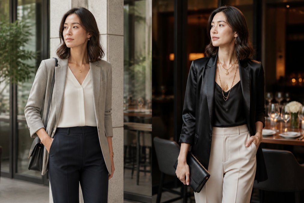Professional woman transitioning from daytime business casual styling to evening elegance by adding layered statement jewelry and swapping structured blazer for elegant jacket, natural studio lighting