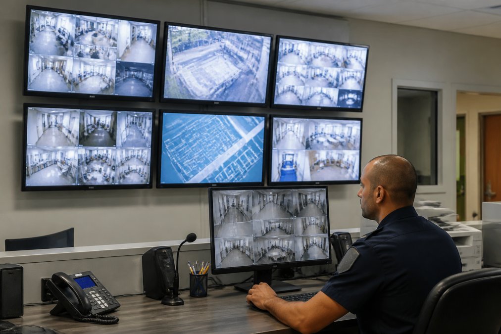 Hospital security team monitoring multiple access points and surveillance feeds from a central command center with multiple screens displaying real-time access events, biometric data, and facility layouts under soft overhead lighting