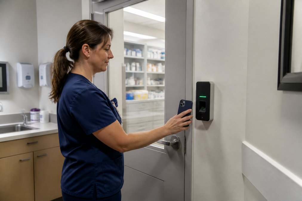 Hospital staff member using a mobile credential on a smartphone to authenticate at a biometric reader before entering a secure clinical medication storage area, with the reader displaying a green access granted indicator and soft clinical lighting