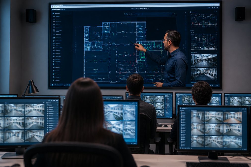 Security dashboard showing live floor plans and door status in a cloud access control system