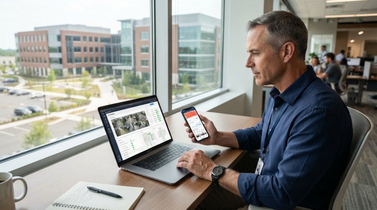 A facility manager in a modern office using a laptop and smartphone to view a security dashboard, with a multi-building campus visible through the window behind them