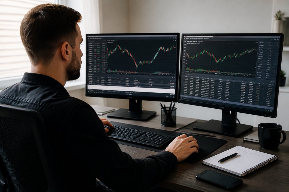 Trader at dual-monitor workstation with MT5 platform displaying live candlestick charts, order history panel, and account balance information, natural office lighting