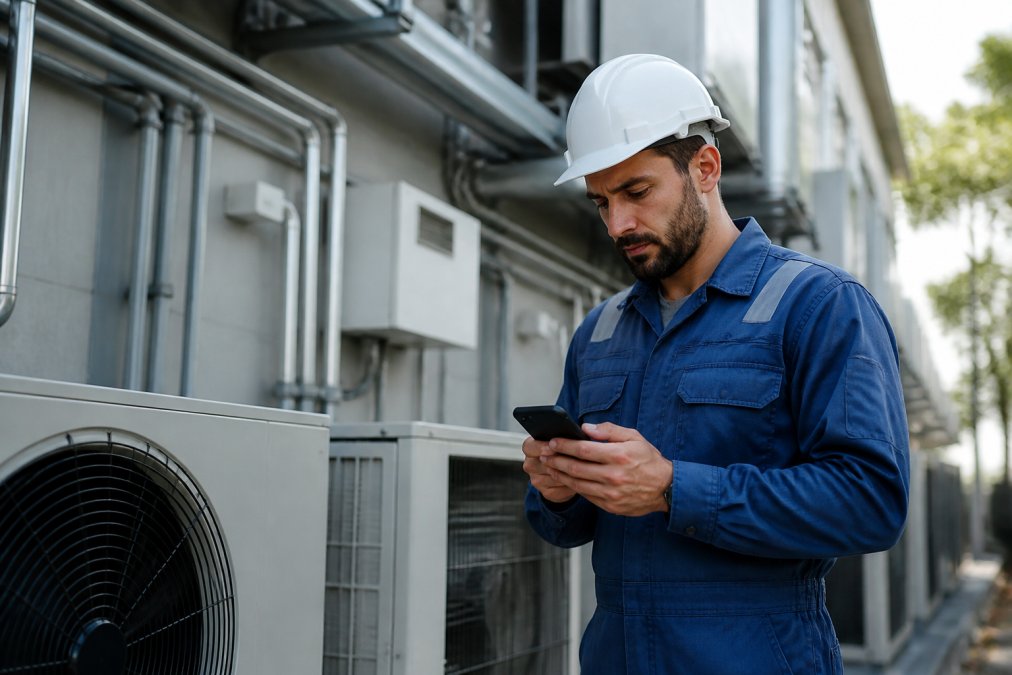 Field technician in work uniform using a mobile device at a job site to view work orders and customer information in natural daylight
