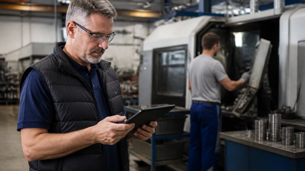 A production supervisor on a manufacturing shop floor holding a tablet, reviewing a live schedule beside a workstation with a machine operator in the background