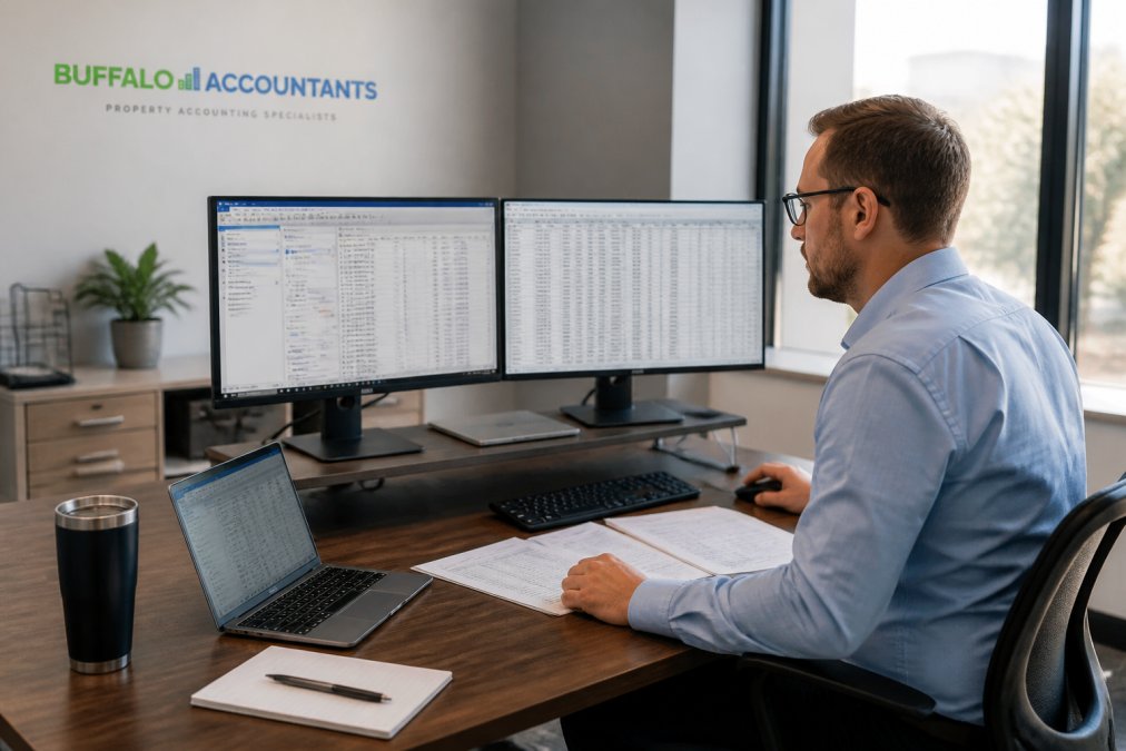 Property manager reviewing data on monitors using cloud-based property management software in a modern office.