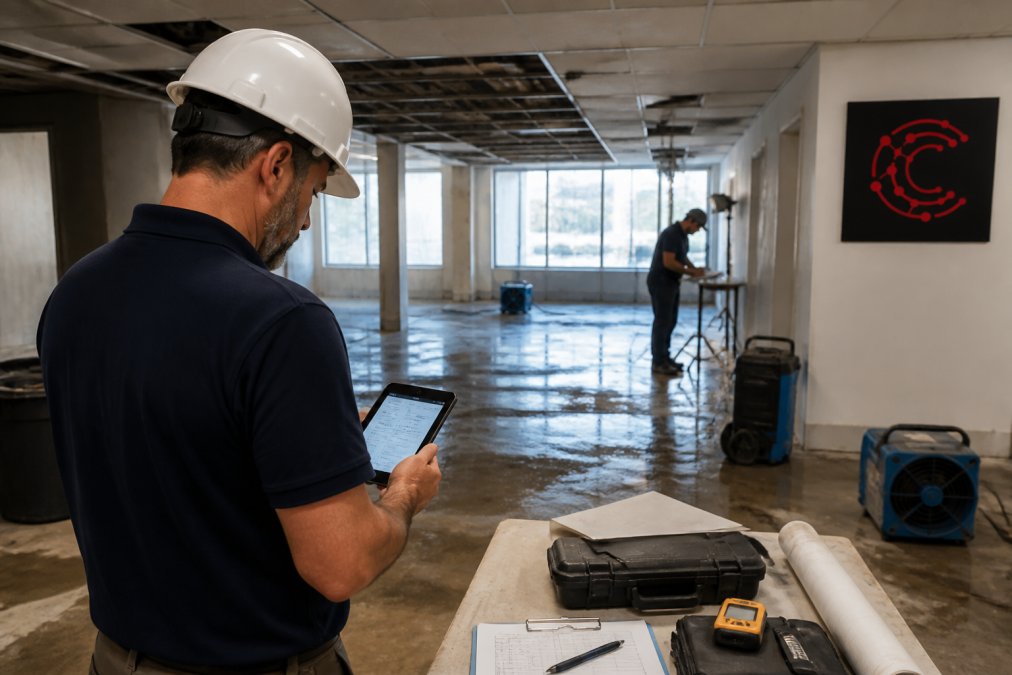 Project manager using restoration management software on a tablet to track moisture in a damaged building