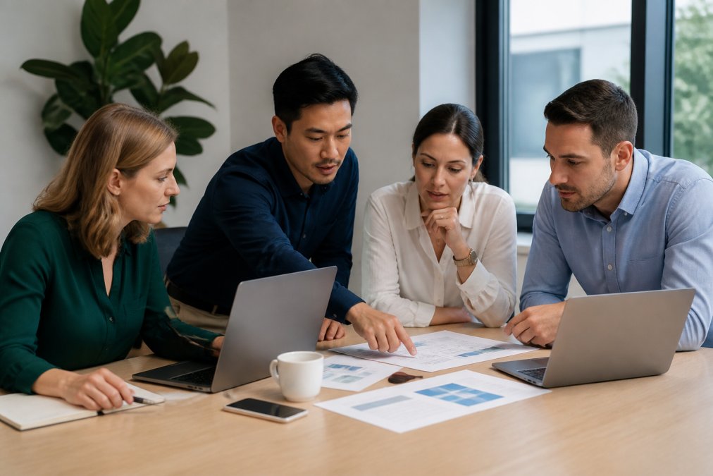 Small business team gathered around a conference table reviewing infrastructure documentation and cloud migration plans on laptops and printed materials, with natural office lighting