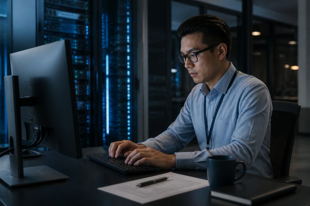 IT security professional monitoring access controls and authentication logs on multiple desktop monitors displaying security dashboards and real-time alerts in a modern security operations center with ambient blue lighting