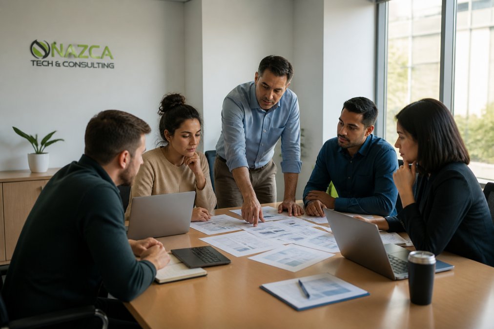 IT team members in a modern office collaborating around a table with laptops, cloud architecture diagrams, and migration documentation visible, natural window lighting