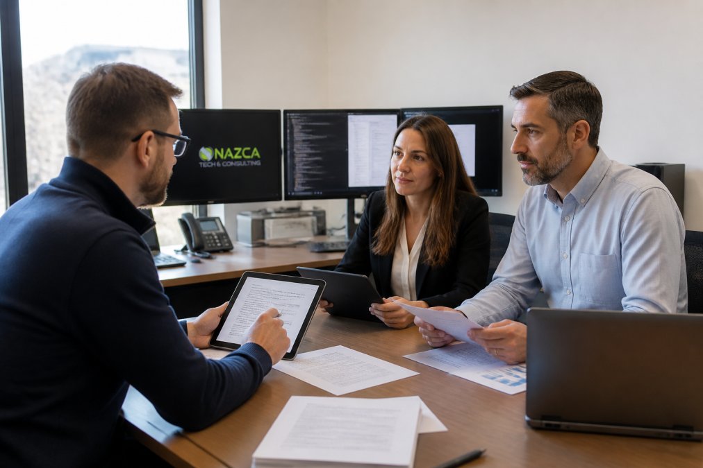 Business professionals in a contemporary office evaluating cloud solutions on multiple monitors and tablets, with cloud architecture diagrams and comparison documents visible, professional lighting