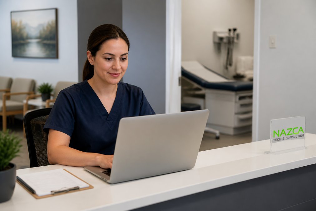 A medical receptionist at a small clinic front desk reviewing patient records on a modern laptop, with a clean, professional clinic interior and soft overhead lighting visible in the background