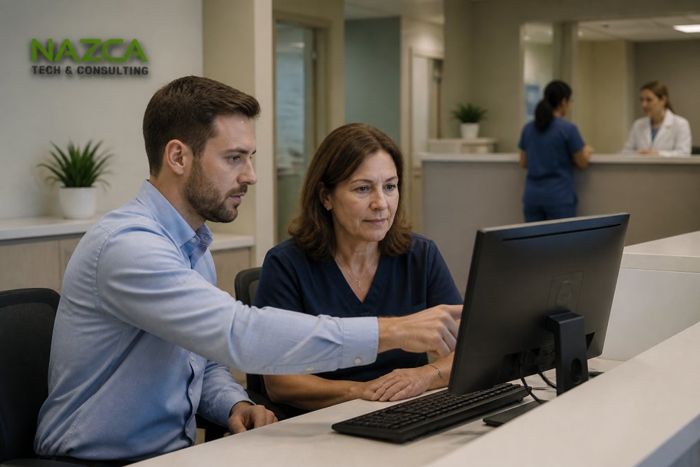 An IT technician in business casual attire working alongside a healthcare administrator at a clinic workstation, both reviewing a computer screen showing a network management dashboard in a well-lit modern clinic office