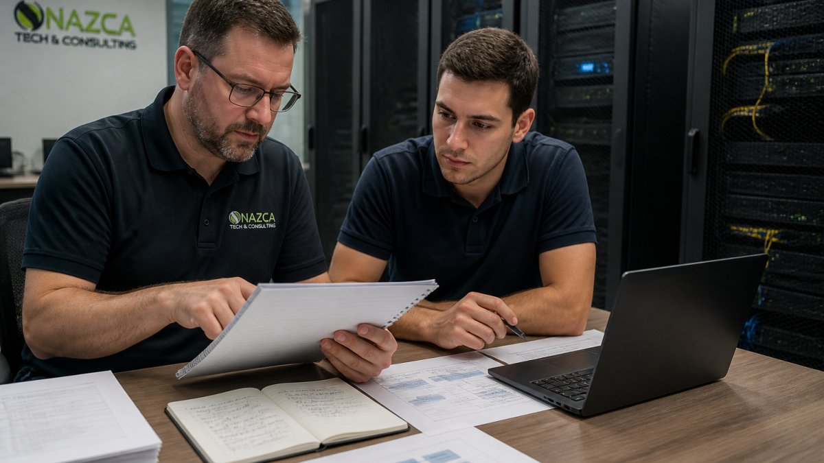 IT staff reviewing a recovery runbook to implement cloud storage data backup and recovery strategies in a server room.