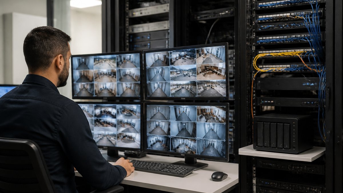 IT professional in a server room monitoring multiple security camera feeds on wall-mounted screens, with server equipment and network cables visible in the background