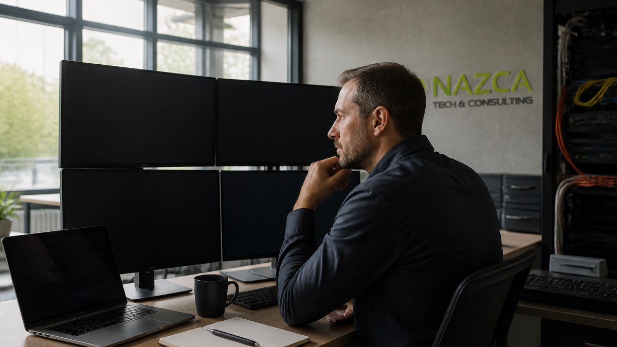 Professional IT manager reviewing security dashboards and network infrastructure monitoring on multiple computer screens in a modern office environment with natural lighting