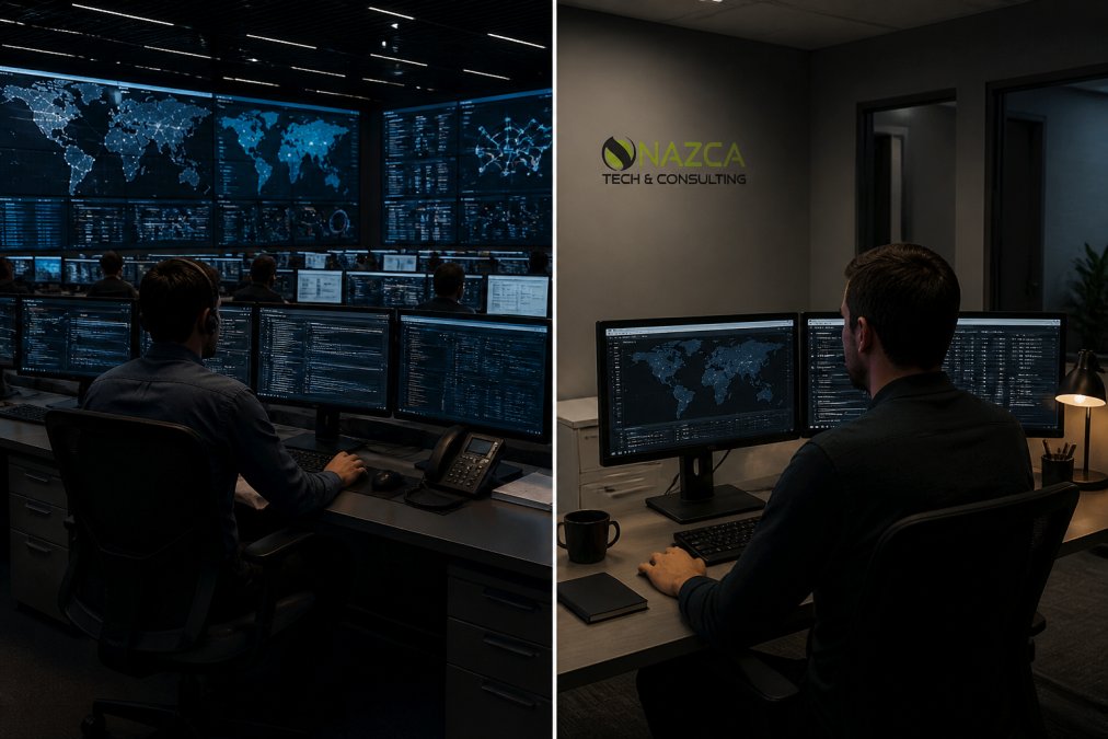 IT security professional monitoring multiple network security dashboards and threat detection screens on large monitors in a professional operations center with dim lighting