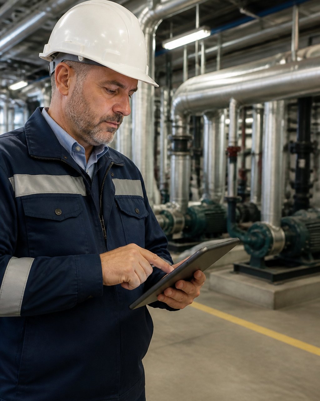 A facilities manager in a hard hat reviewing a tablet dashboard inside a large mechanical plant room, pipes and equipment visible behind, overhead industrial lighting