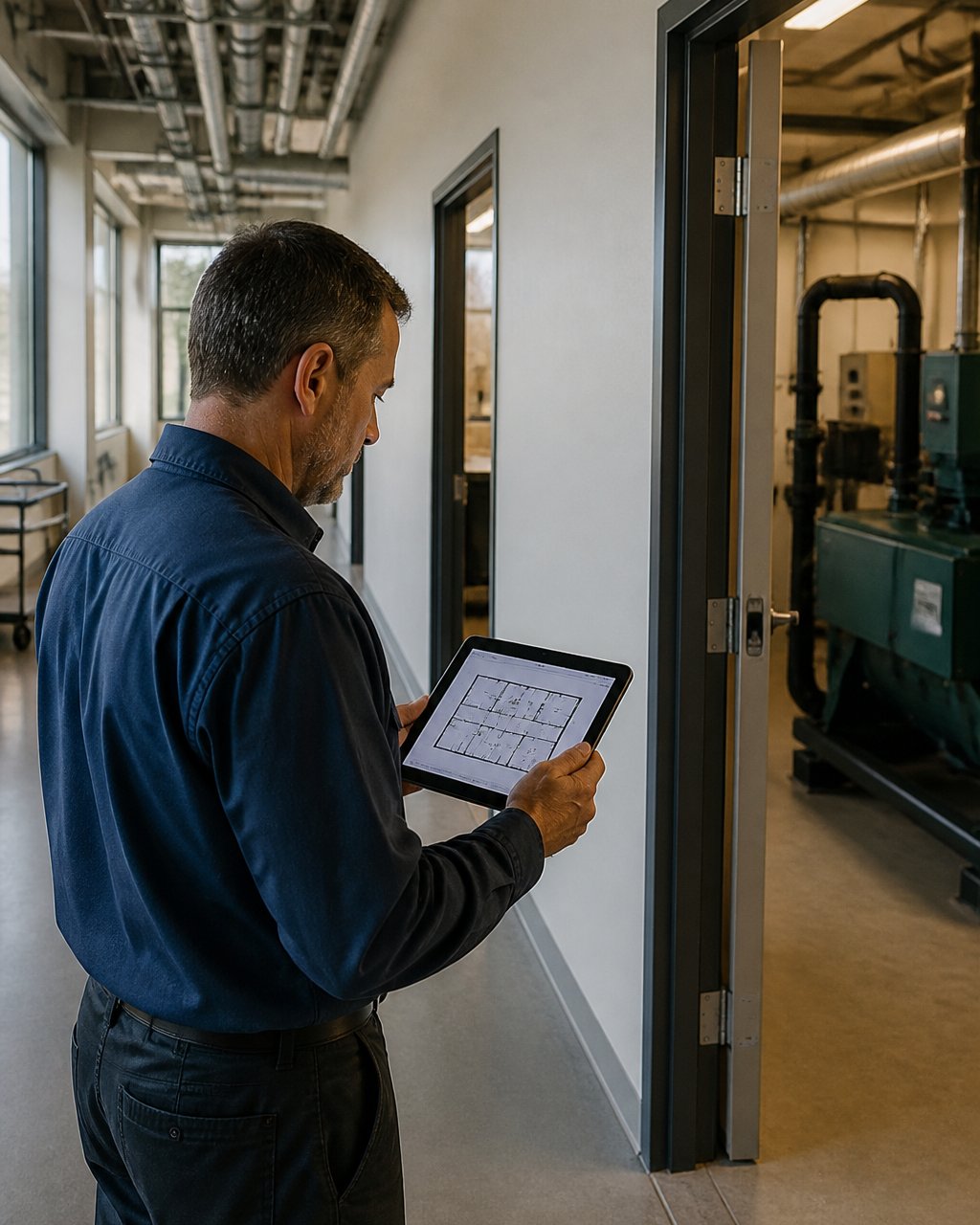 A facility manager standing in a building corridor holding a tablet that displays an interactive floor plan, with equipment and rooms visible behind them
